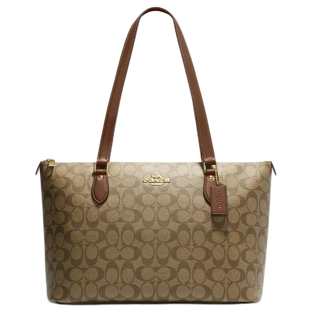 COACH Gallery Coated Canvas With Leather Tote Bag, Shopping Bag, Handbag, Shoulder Bag Large Women's Khaki