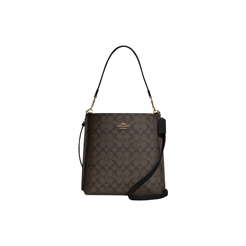 COACH Coach Mollie Classic Presbyopia Signature Coated Canvas with Smooth Leather Bucket Bag Shoulder Crossbody Handbag 28 Women's Brown Black