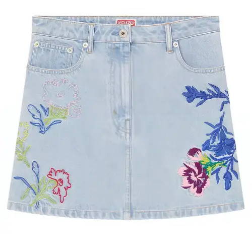 KENZO Floral Embroidered Buttoned Denim Mini Skirt