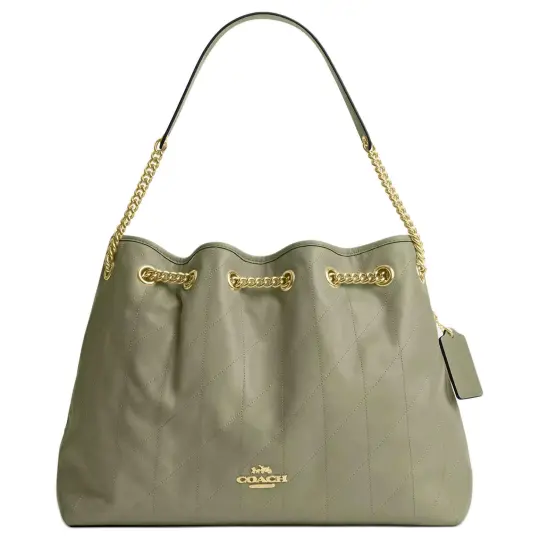 COACH EVELYN 34 стеганая сумка с золотой фурнитурой из коровьей кожи, женская сумка на плечо большого размера, серо-зеленая