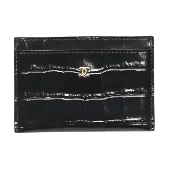 CHANEL Chanel 26S Gold Label Double C Logo Визитница из телячьей кожи с эффектом крокодила, женский черный