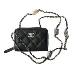 CHANEL 21K Winter Grain Calfskin Card Holder, Coin Purse, Shoulder Bag, Crossbody Bag Unisex Black