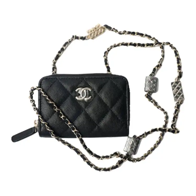 CHANEL 21K Winter Grain Calfskin Card Holder, Coin Purse, Shoulder Bag, Crossbody Bag Unisex Black