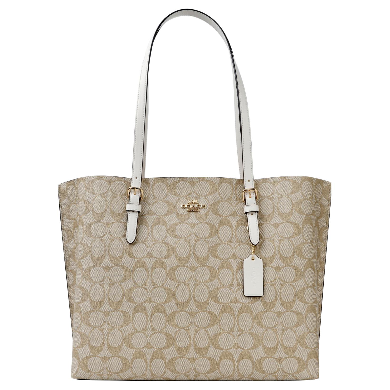 COACH Mollie Coated Canvas And Smooth Leather Tote Bag, Shopping Bag, Handbag, Shoulder Bag 34 Women's White & Khaki