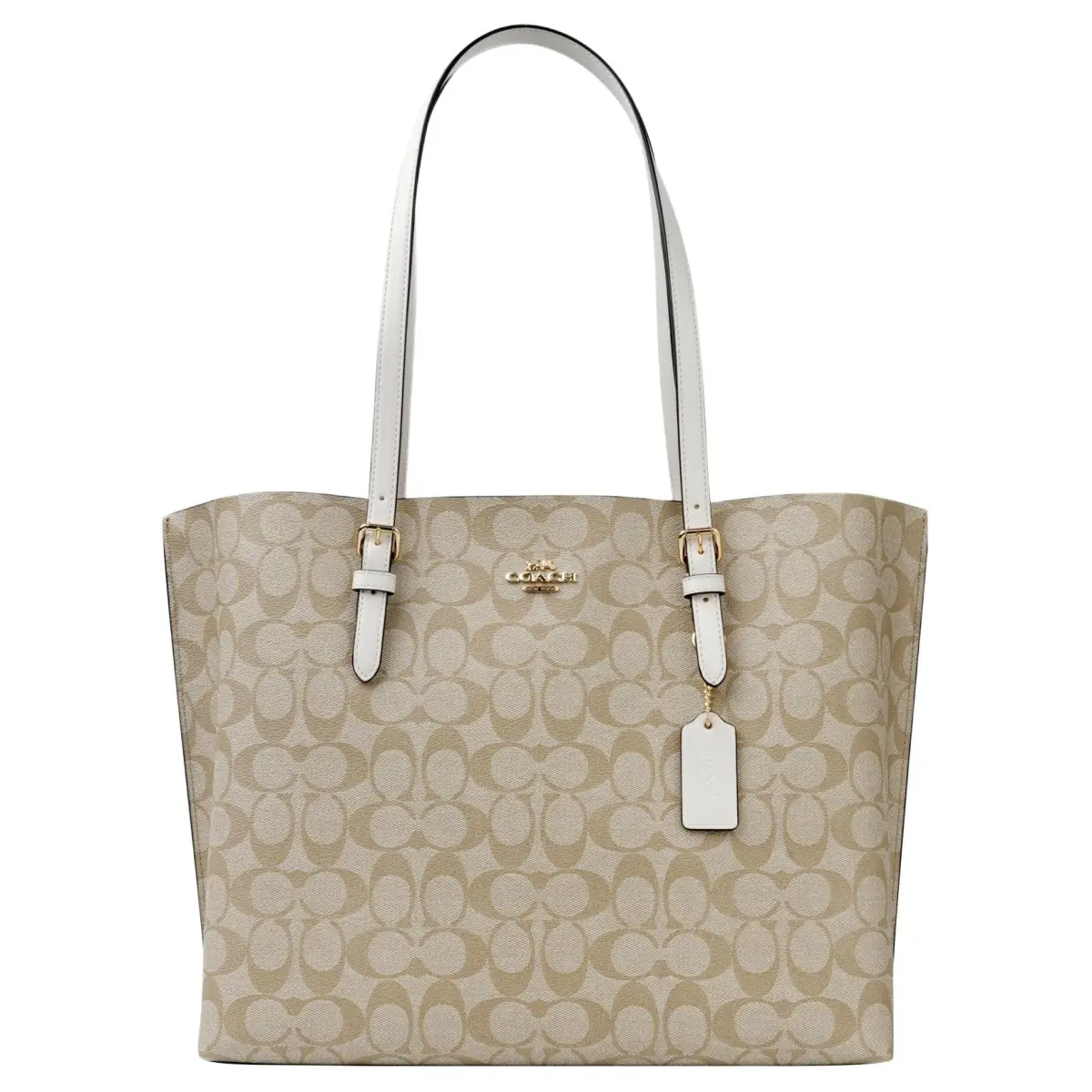 COACH Mollie Coated Canvas And Smooth Leather Tote Bag, Shopping Bag, Handbag, Shoulder Bag 34 Women's White & Khaki