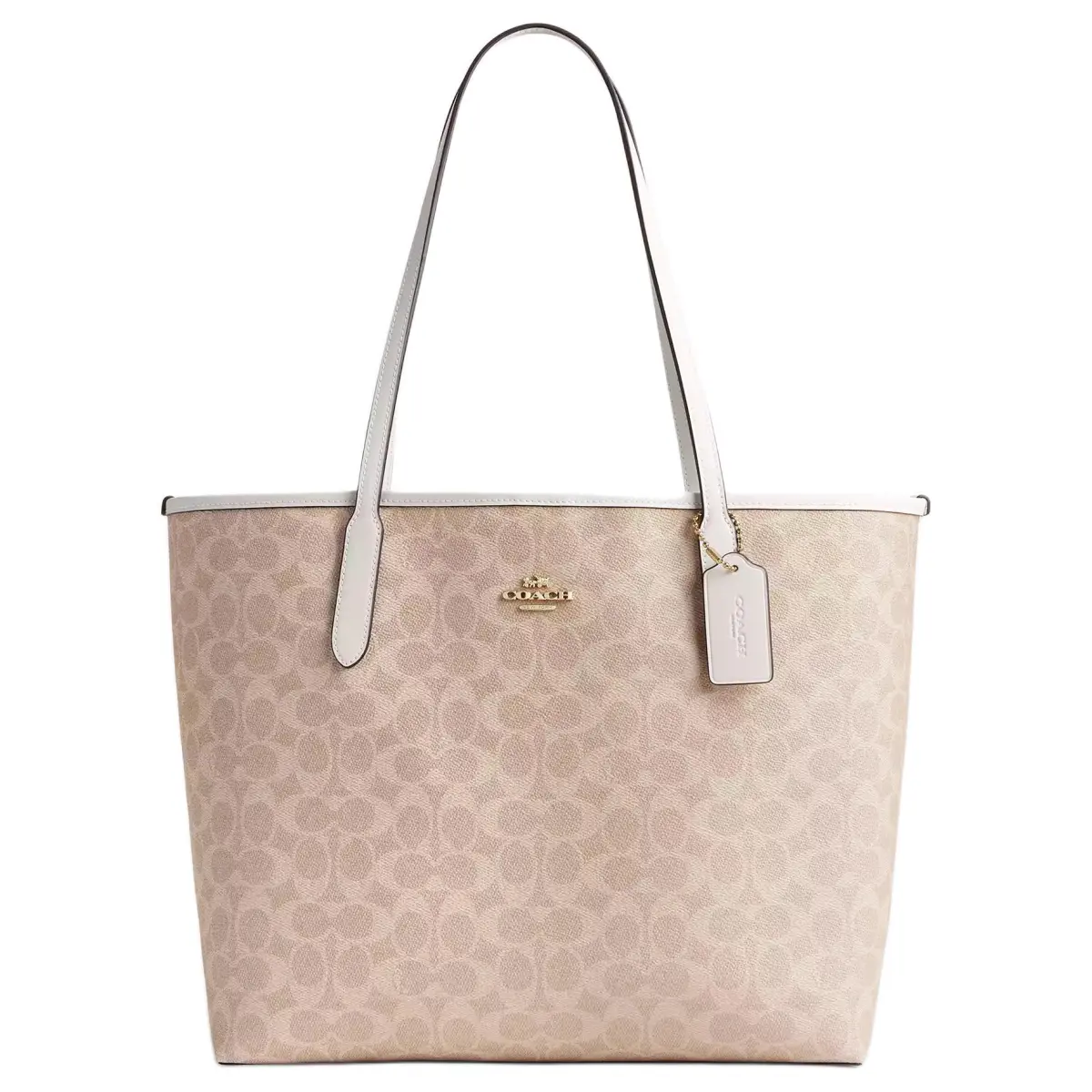 COACH City Coated Canvas Handbag, Shoulder Bag Large Women's Sand & Vanilla White