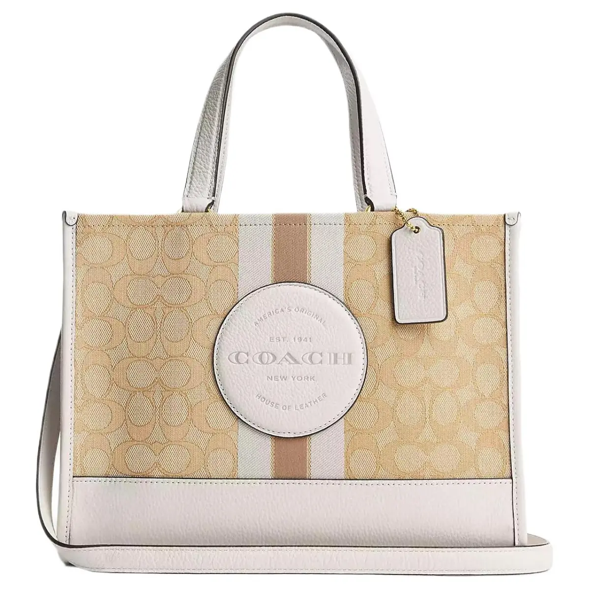 COACH Dempsey Jacquard With Leather One Shoulder Handbag Large Women's Gold & Light Khaki Chalk