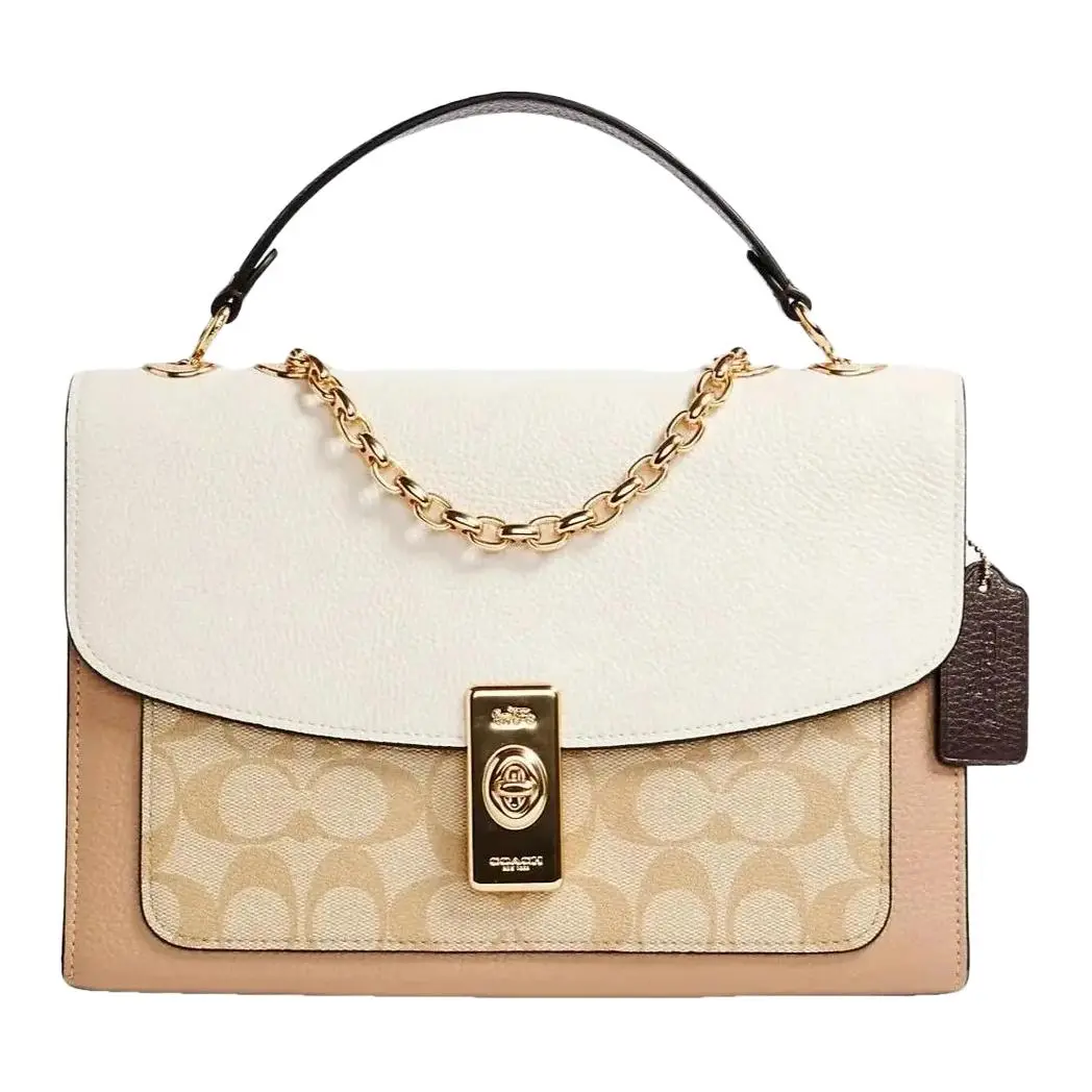 COACH Lane Canvas With Leather Flap Bag, Chain Bag, Crossbody Bag, Shoulder Bag Medium Women's White & Light Khaki