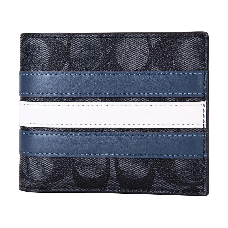 COACH 3 IN 1 Wallet Canvas With Leather 3 in 1 Wallet Men's Old Fashioned Black/Blue White Stripes