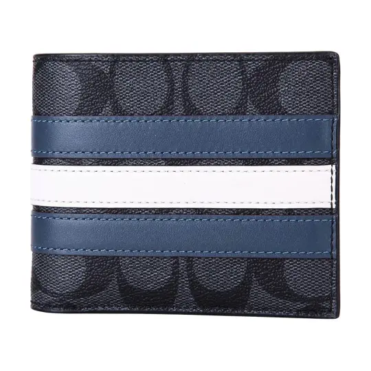 COACH 3 IN 1 Wallet Canvas With Leather 3 in 1 Wallet Men's Old Fashioned Black/Blue White Stripes