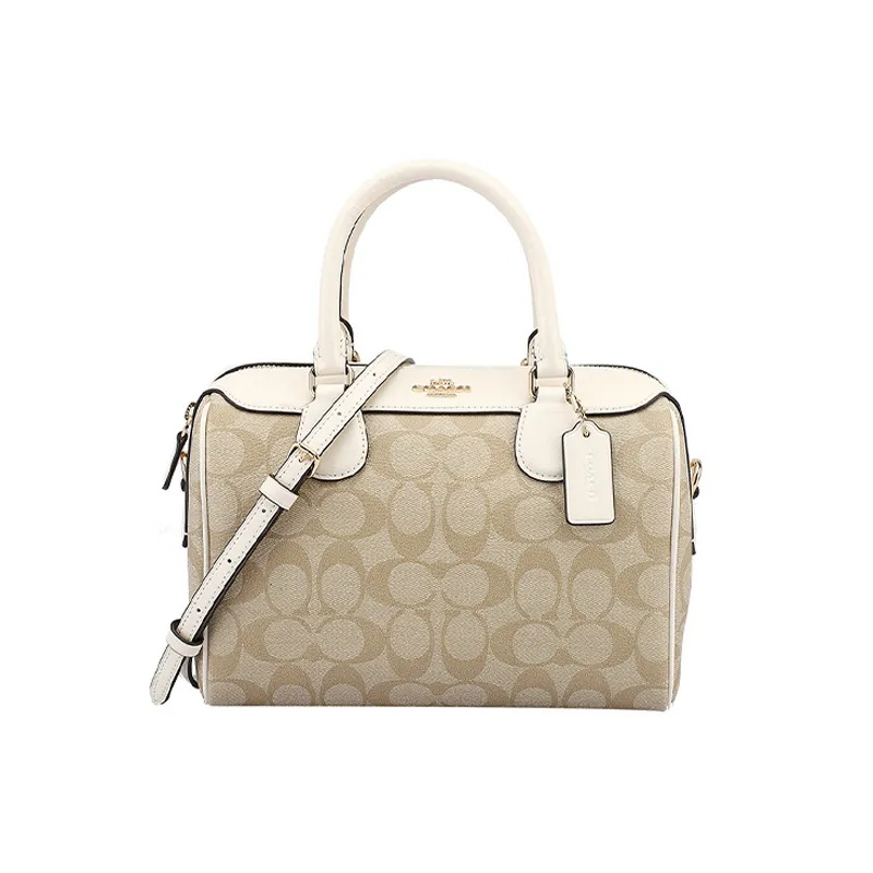 COACH Bennett Artificial Leather Boston Bag, Shoulder Bag, Crossbody Bag, Handbag Medium Women's White & Khaki Monogram