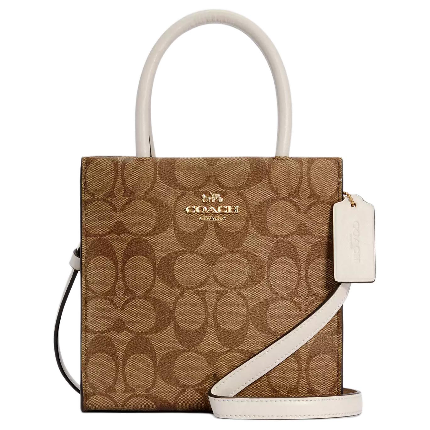 COACH Coach Cally 17 Classic Color Matching Artificial Leather with Split Cow Leather Paper Bag Piano Music Bag Tote Bag Shopping Bag Shoulder Crossbody Handbag Small Women’s White with Brown Presbyopia