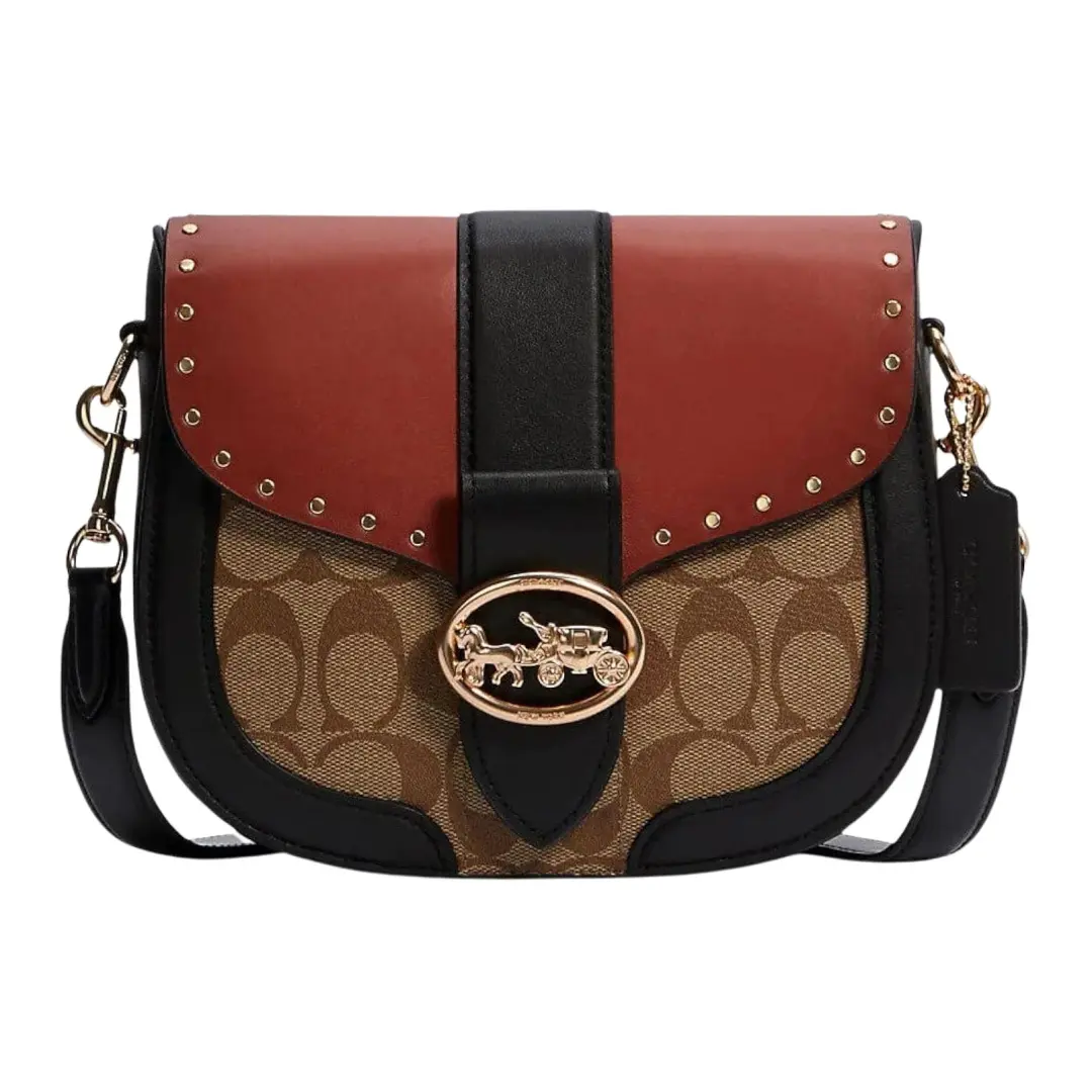 COACH Georgie Leather Saddle Bag, Shoulder Bag, Crossbody Bag Small Women's Black & Red Brown