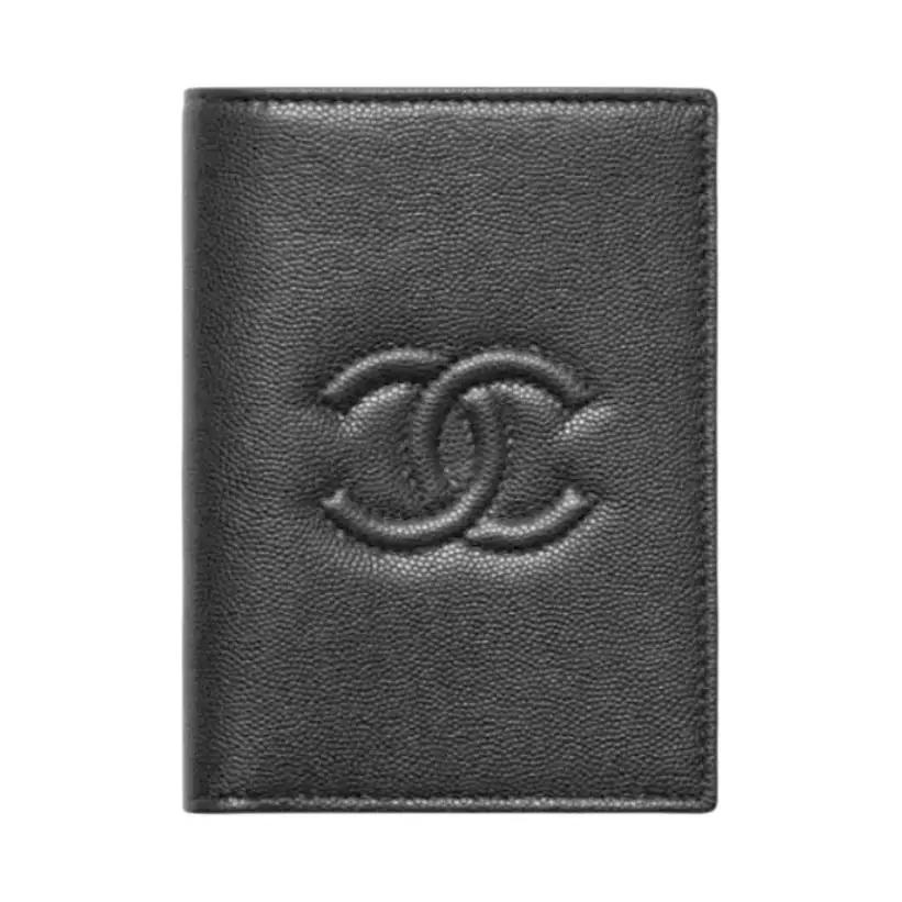 CHANEL Litchi Cow Leather Passport Holder Unisex Black