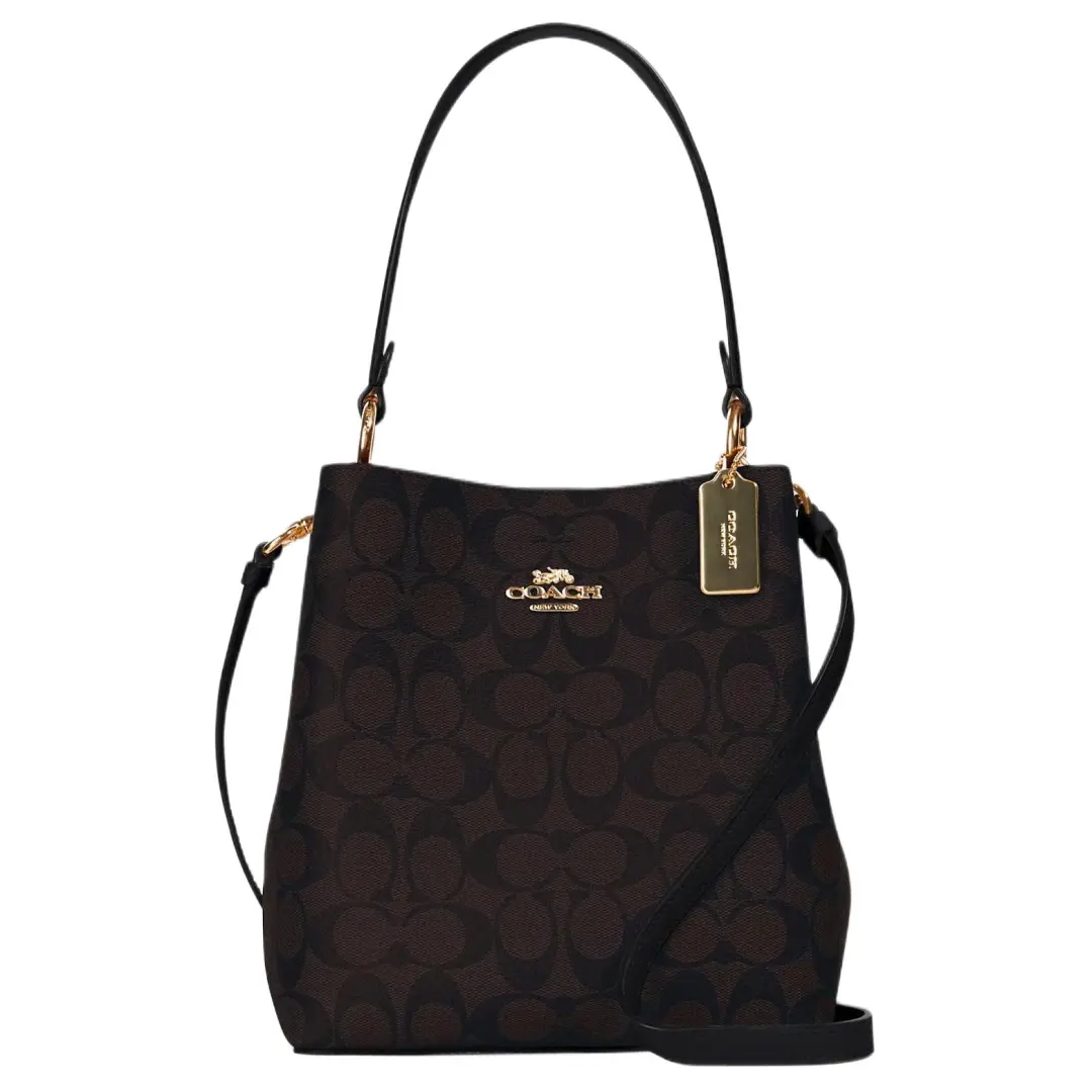 COACH Town Canvas With Leather Bucket Bag, Portable Crossbody Bag, Shoulder Bag Small Women's Dark Brown