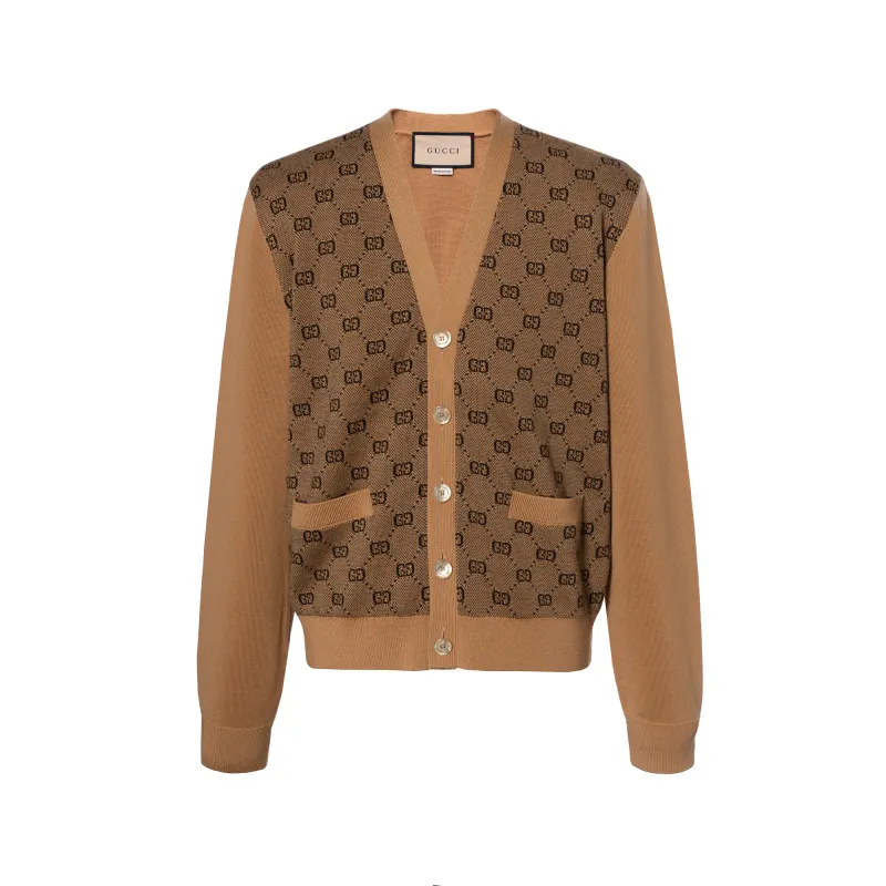 GUCCI Sweaters Men's Brown V Neck Moderate Cardigan