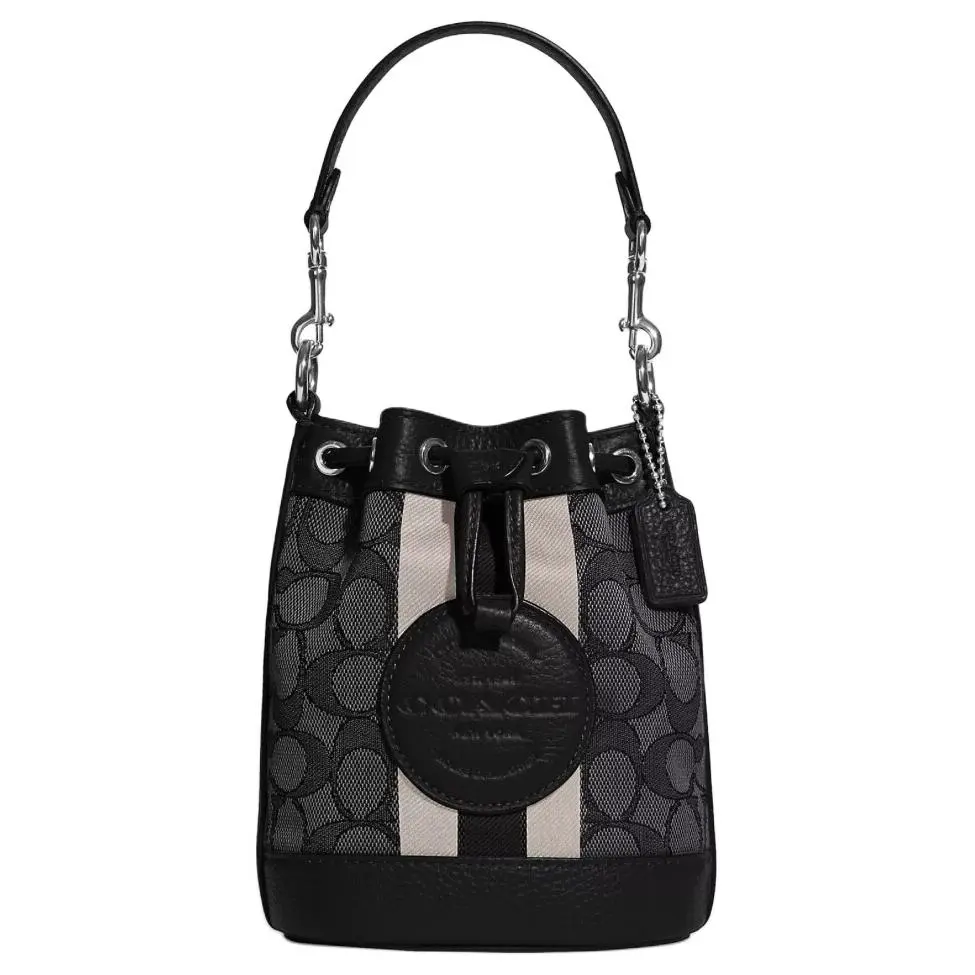 COACH Dempsey Jacquard Fabric With Pebble Texture Cow Leather Bucket Bag, Handbag, Shoulder Bag, Crossbody Bag Mini