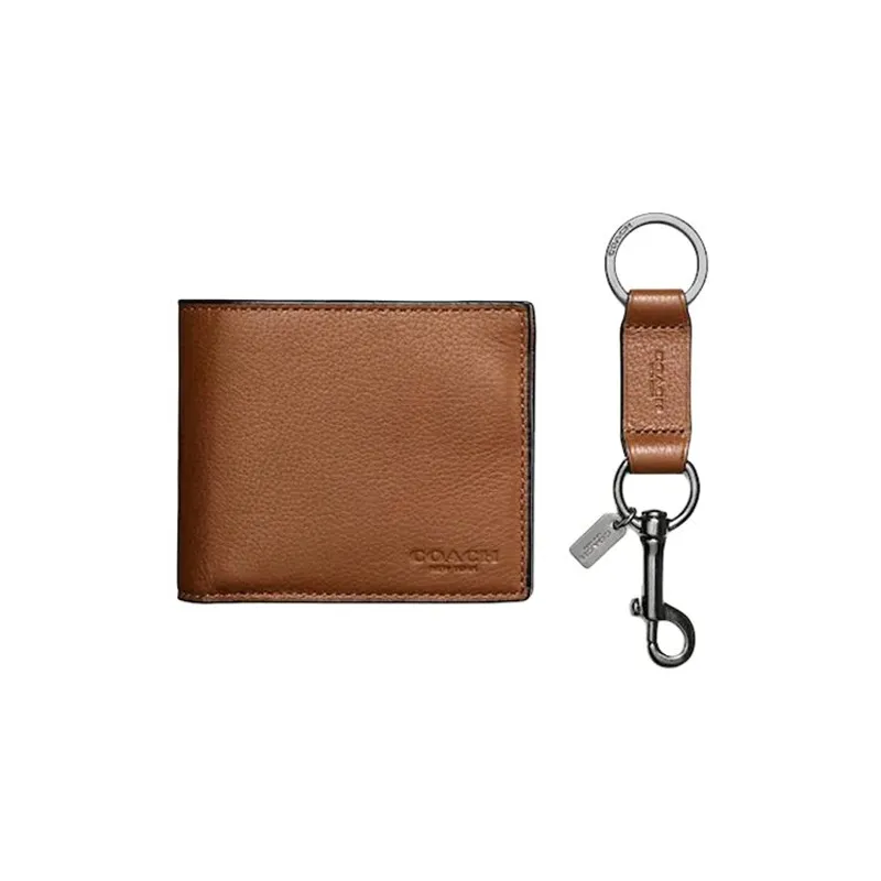 COACH Compact Leather Card Holder Wallet Men's Brown