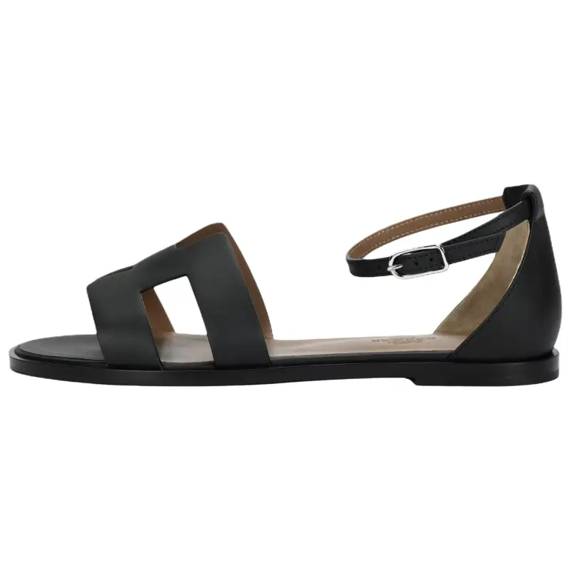 HERMES Santorini Leather One Strap Sandals Women's Black