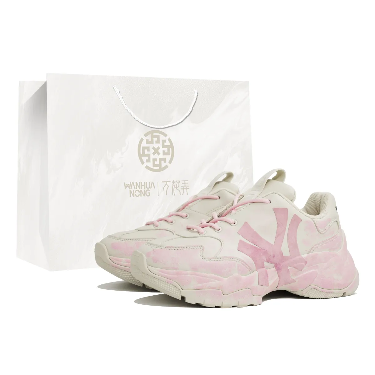 MLB Big Ball Chunky Kaleidoscope, Smoke Pink, Shopping Bag Abrasion Resistant Low top Chunky Sneakers Unisex White Pink