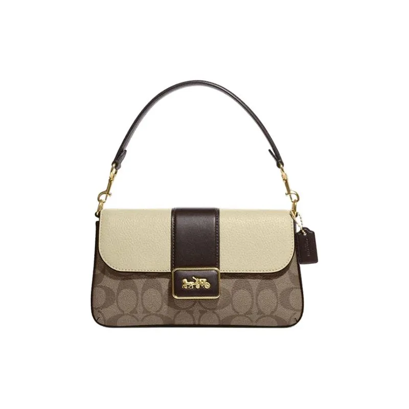 COACH Grace Canvas With Leather Shoulder Bag, Portable Crossbody Bag Mini Women's Khaki & Brown & White