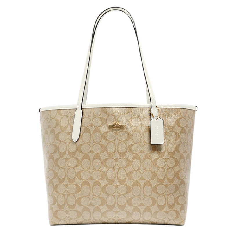 COACH Coach City 33 presbyopia, artificial leather with leather, Tote bag, shopping bag, shoulder handbag, large size, women's model, white edge, milk tea color and khaki color