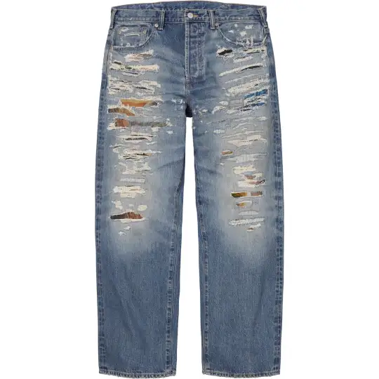 Supreme × MM6 Maison Margiela совместная модель SS26 WEEK4 Свободный крой с селвидж-джинсами с сильными потертостями и свободным дизайном с пятью карманами, одинаковый стиль для мужчин и женщин