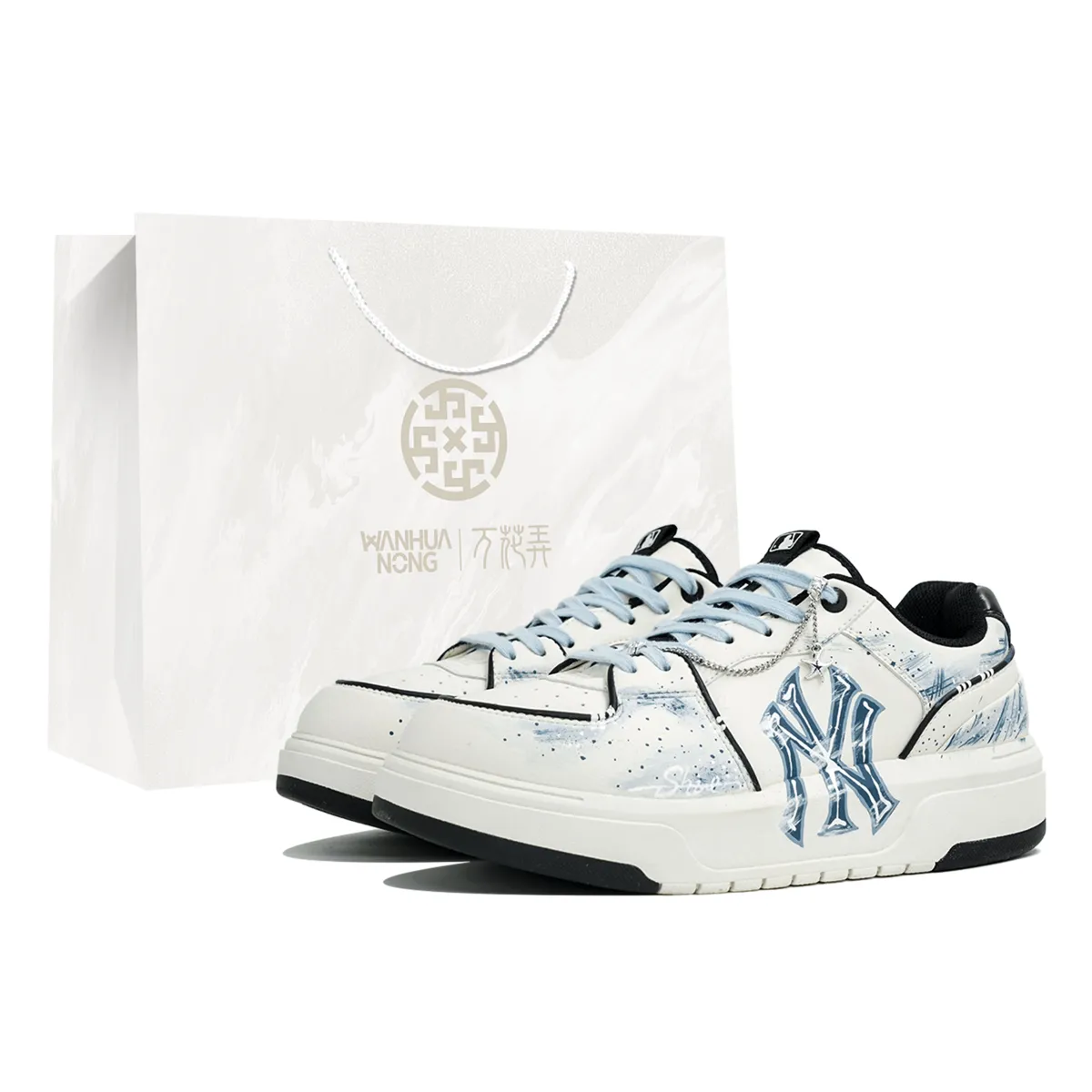 MLB Chunky Liner Wan Hua Nong, Kong, Shopping Bag Abrasion Resistant Low top Skateboard Shoes Unisex Black White Blue