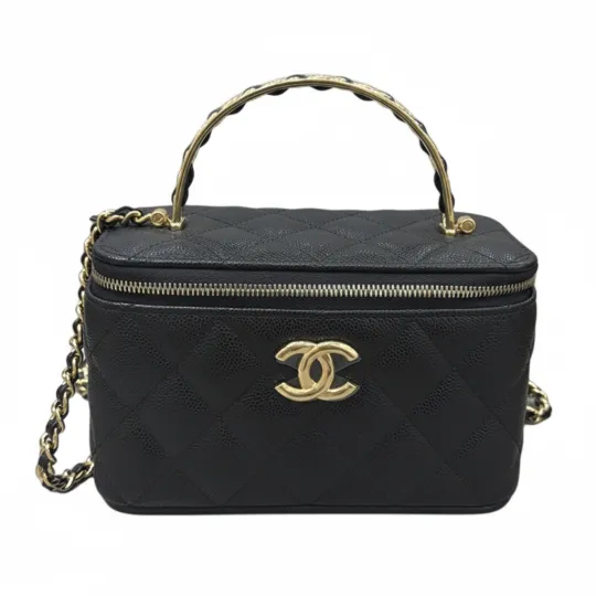 CHANEL Chanel 26P классическая длинная тисненая двойная буква C с логотипом в виде ромба, стеганая кожаная цепочка, зернистая глянцевая телячья кожа, ручная косметичка через плечо из золотистого металла женская черная