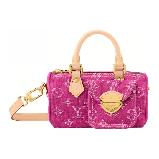 LOUIS VUITTON NANO SPEEDY джинсовая джинсовая сумка с золотым замком, классическая старая цветочная сумка через плечо из ткани с принтом по всему периметру, женская фиолетовая
