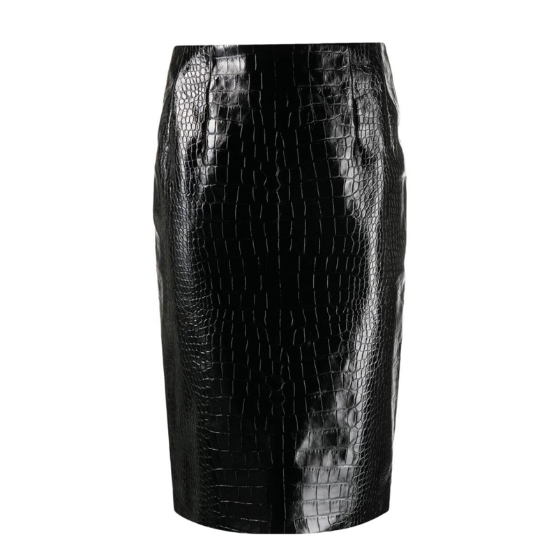 VERSACE Black long skirt, crocodile print, classic length