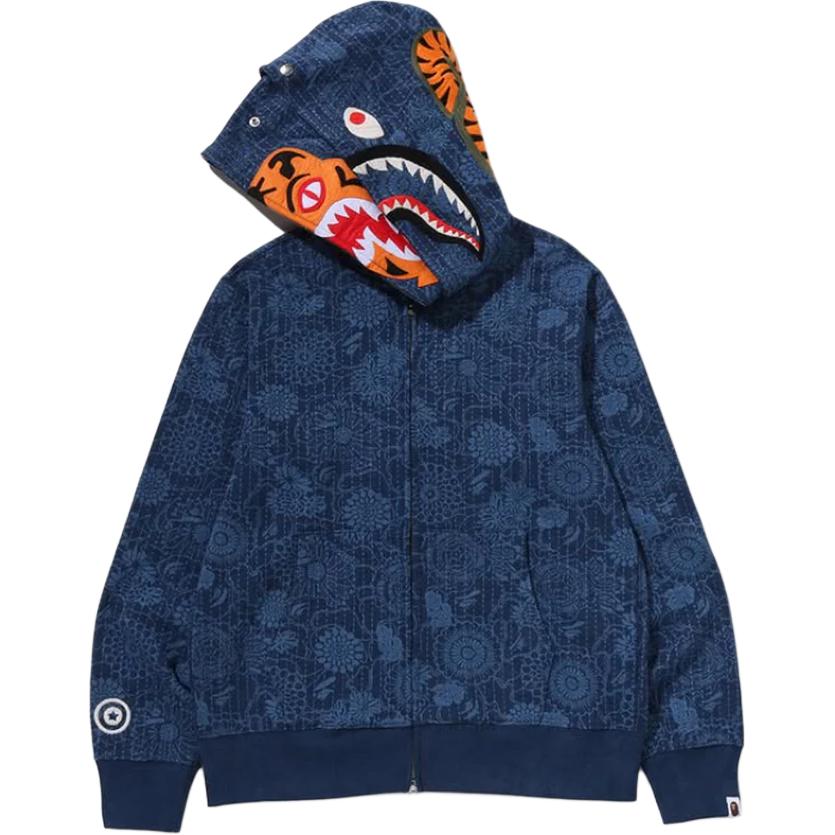 Худи A BATHING APE Japanese Indigo Art Camo Double Tiger Shark Full Zip Hoodie (синий камуфляж)
