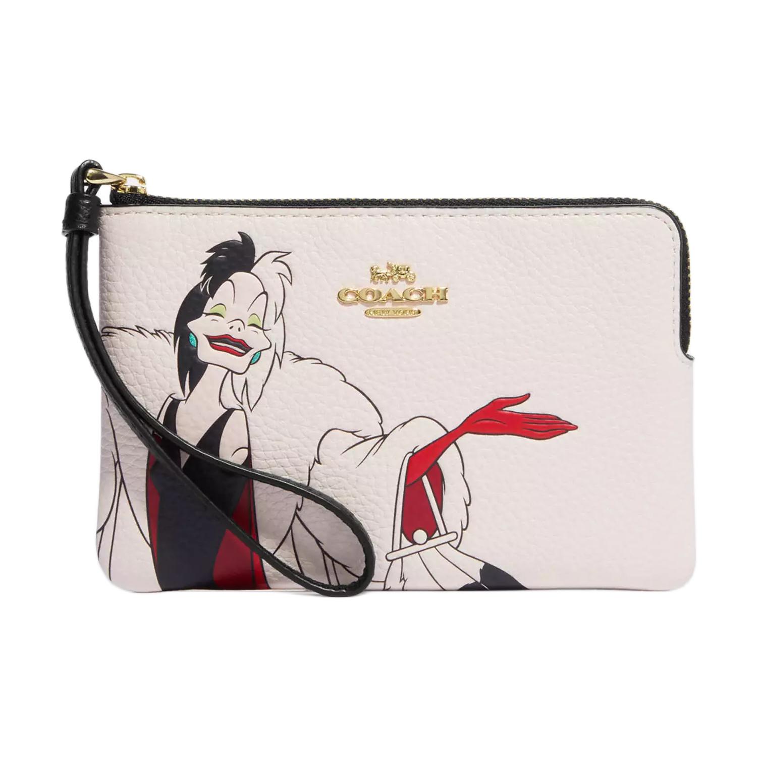 COACH Coach x Disney Disney Collaboration Corner Zip Zipper Closure Cruella Cartoon Character Print Cowhide Leather Wallet Women's White