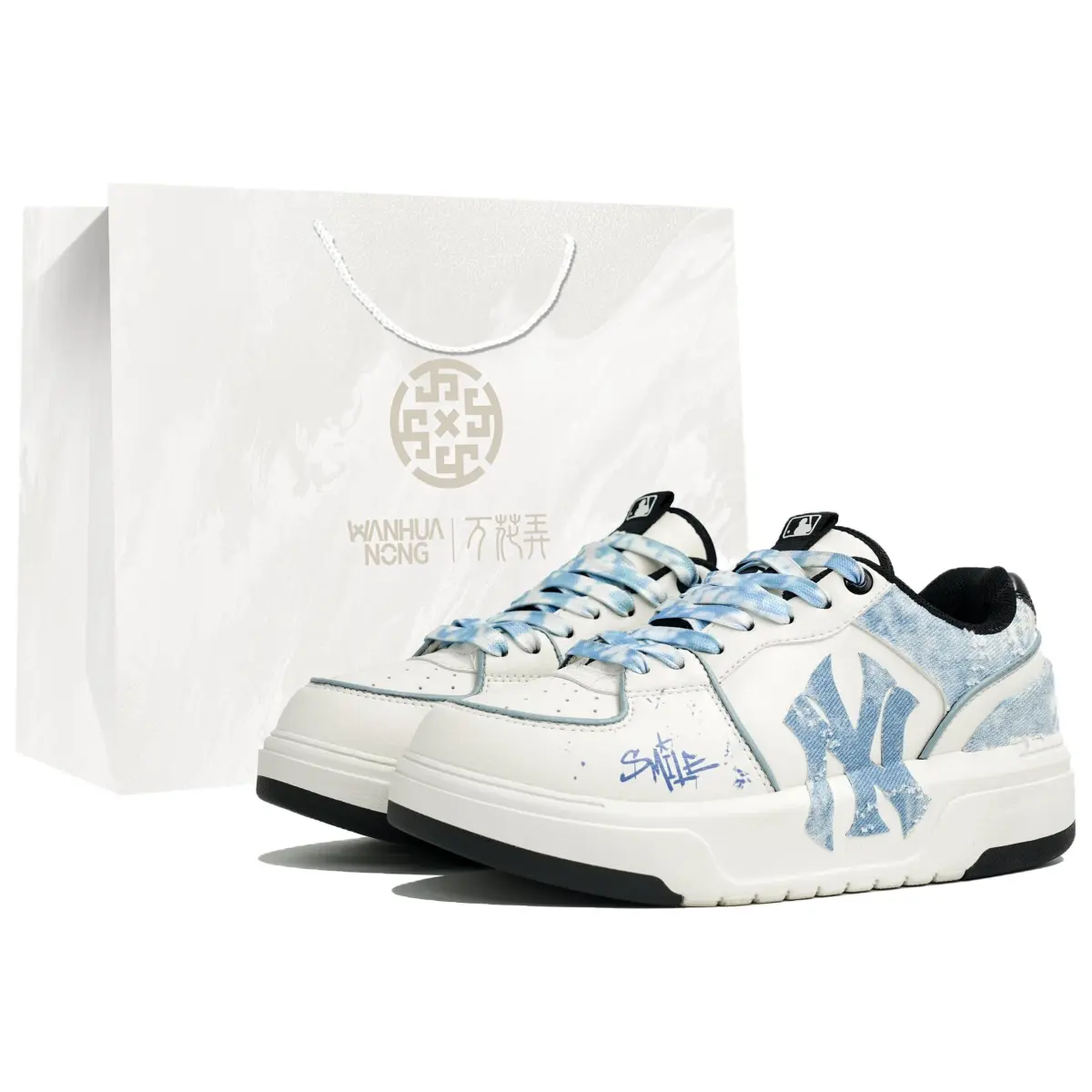 MLB Chunky Liner PU Wan Hua Nong, Blue Trace, Shopping Bag Abrasion Resistant Low top Skateboard Shoes Unisex