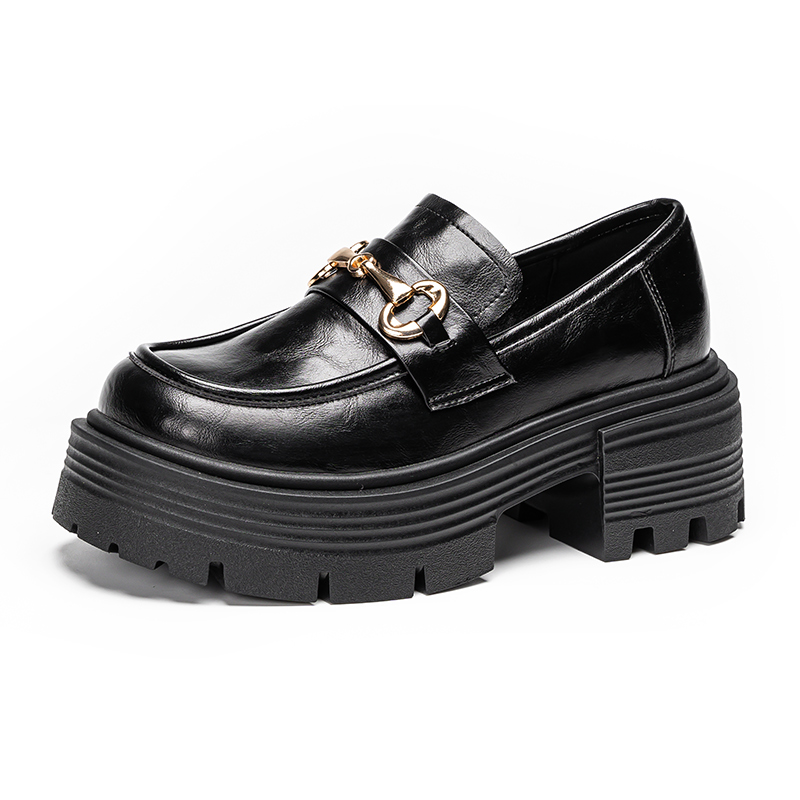 Warrior thick-soled height-increasing single shoes JK student small leather shoes college casual British style loafers 6CM women black