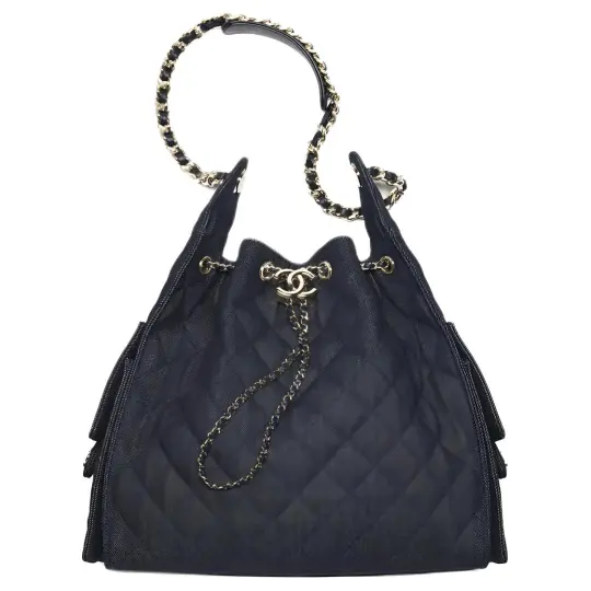 CHANEL Chanel 26S 25 Double C Logo Кожаная цепочка на плечо Джинсовая сумка через плечо Средняя женская темно-синяя