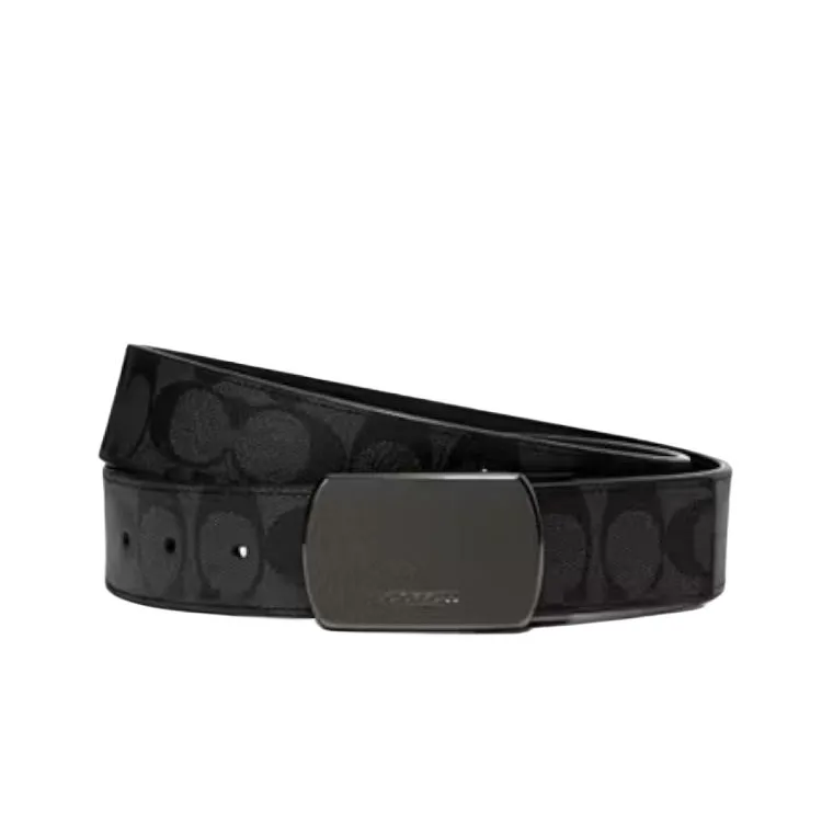 COACH PU Artificial Leather, Cow Leather Belts Men's Black/Charcoal Gray Width 3.8cm