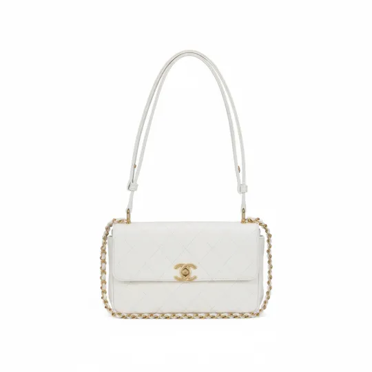 CHANEL Chanel 26S Gold Label Double C Logo Стеганая кожаная цепочка с цепочкой из овечьей кожи Маленькая женская белая сумка