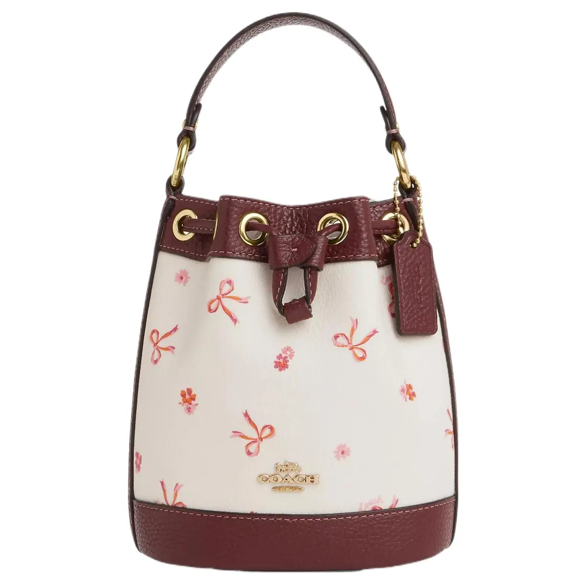 COACH Dempsey Coated Canvas With Pebble Texture Leather Bucket Bag Handbag Mini Women's White & Red