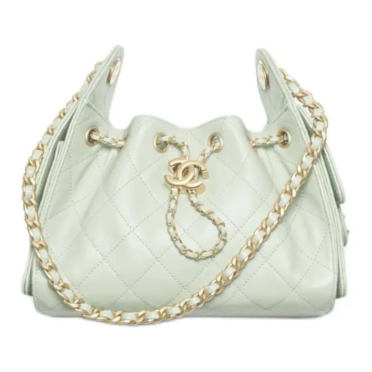 CHANEL Сумка Chanel 25Сумка 26S Золотая этикетка Двойной логотип C с ромбовидной стеганой кожаной цепочкой Материал из зернистой воловьей кожи Золотая фурнитура Сумка в стиле хиппи Сумка на плечо Мини-женская Светло-зеленый