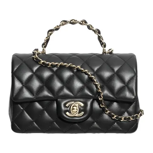 CHANEL Chanel 26P 26P золотая пряжка с логотипом, ручка из ромбовидной кожи, цепочка из овечьей кожи с золотистым металлом, мини-сумка через плечо женская, черная