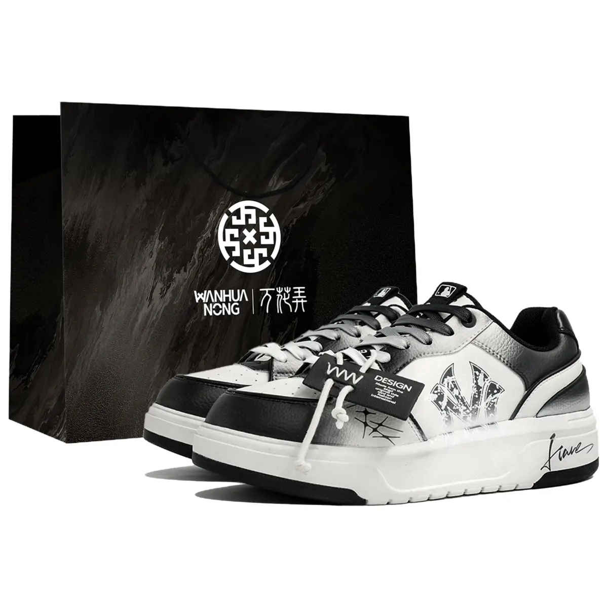 MLB Chunky Liner Wan Hua Nong, Ink Dyed, Shopping Bag Abrasion Resistant Low top Skateboard Shoes Unisex Black White