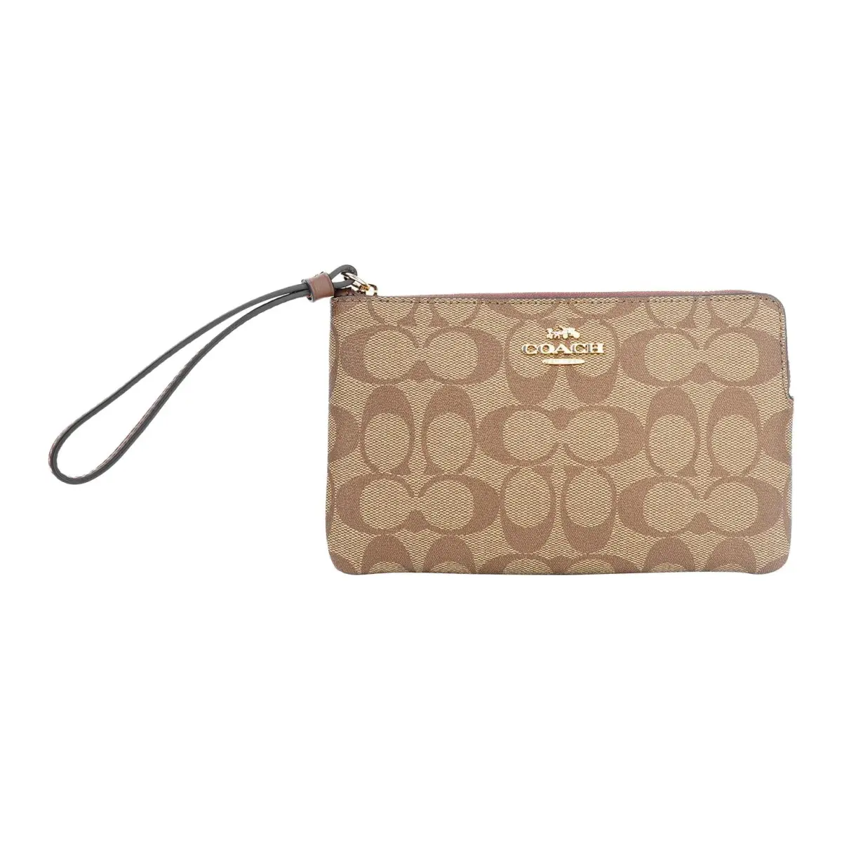 COACH Corner Zip Coated Canvas Mahjong Wrist Bag Clutch Small Women's Khaki