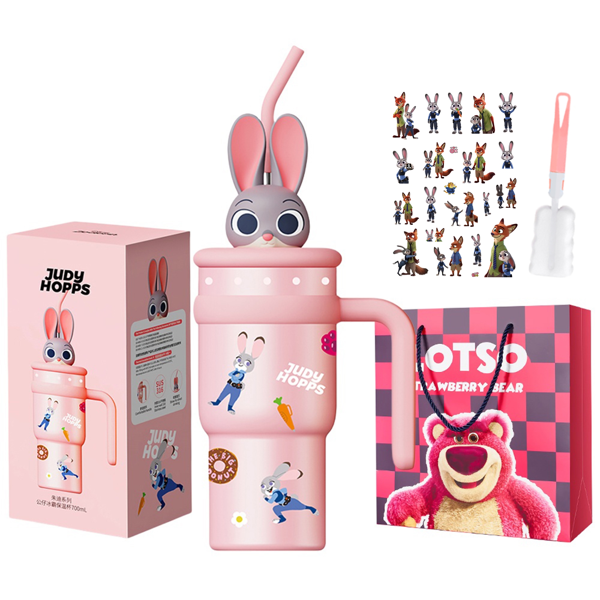 Disney Disney, strawberry with animals, doll, cartoon high quality capacious glass for men and women with glass, 3D, for beloved, 700 ml