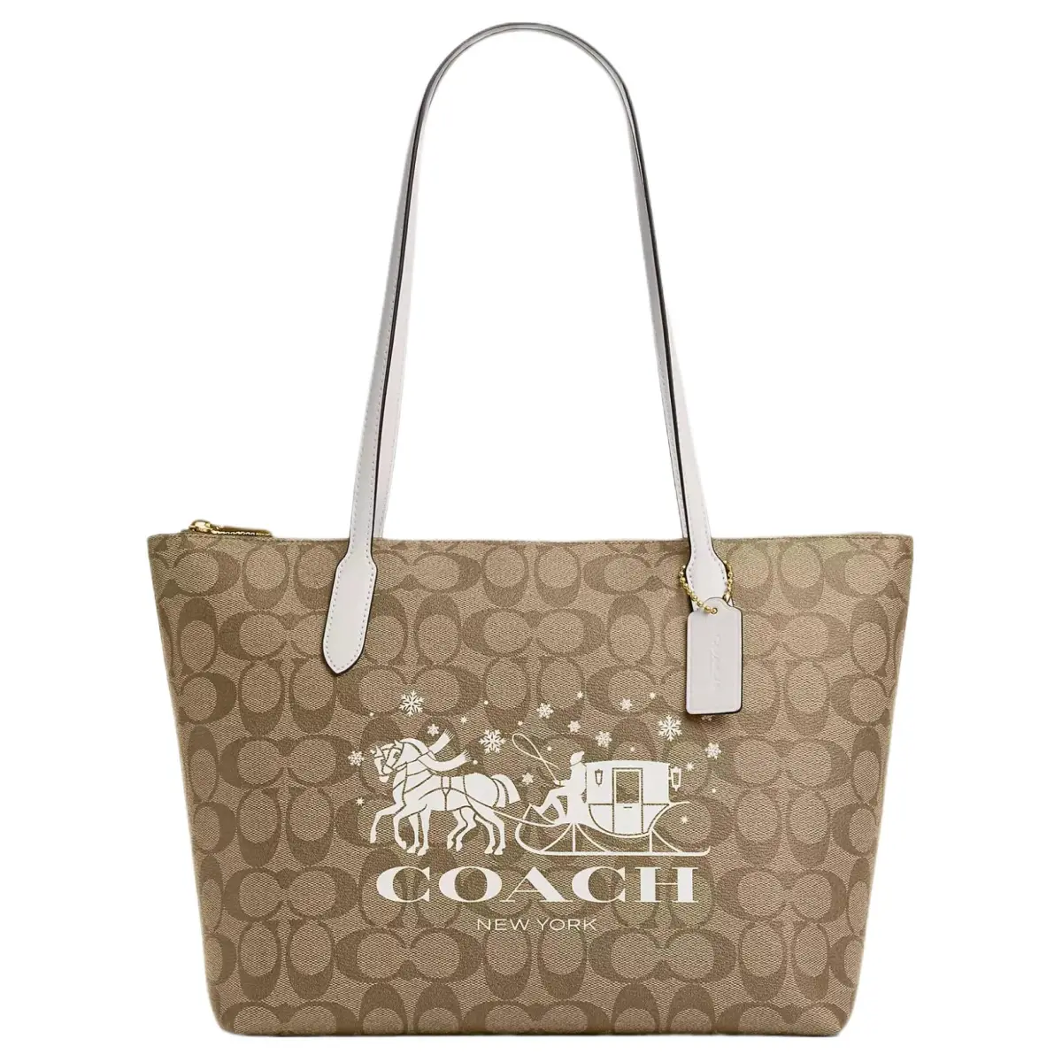 COACH Zip Top Tote Coated Canvas With Smooth Leather Tote Bag, Shopping Bag, Shoulder Bag, Handbag Large Women's Khaki