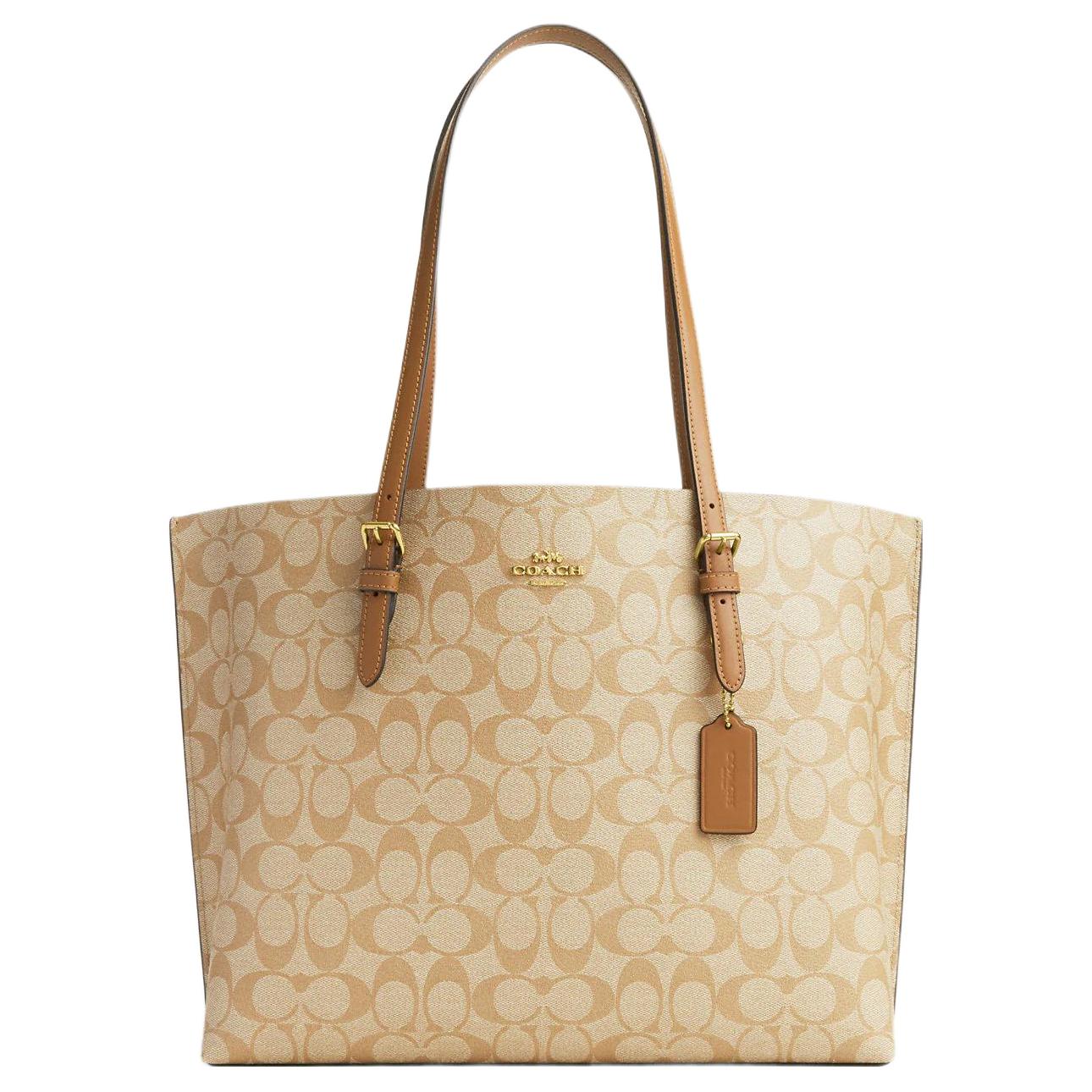COACH Mollie Coated Canvas With Leather Tote Bag, Shopping Bag, Handbag, Shoulder Bag 34 Women's Light Khaki