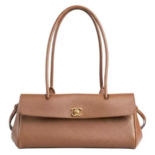 CHANEL Chanel 26S Gold Label Double C Logo Из телячьей кожи с ромбовидным зернением и золотистого металла Маленькая женская сумка на плечо, коричневая