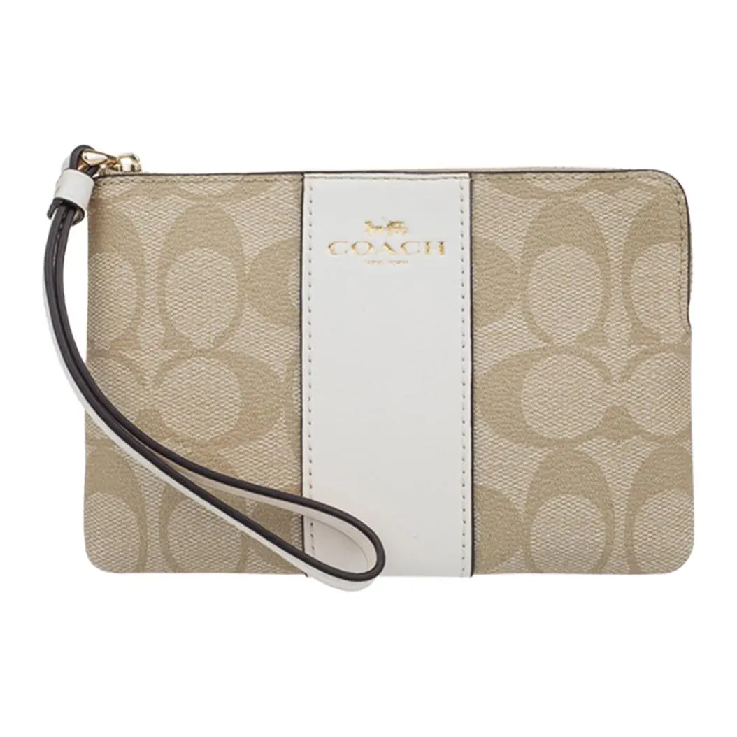 COACH Corner Zip Canvas With Leather Mahjong Wrist Bag Clutch Small Women's White & Khaki