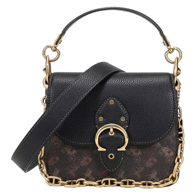 COACH Beat Coated Canvas Leather Square Bag, Portable Crossbody Bag, Shoulder Bag Small Women's Truffle Black