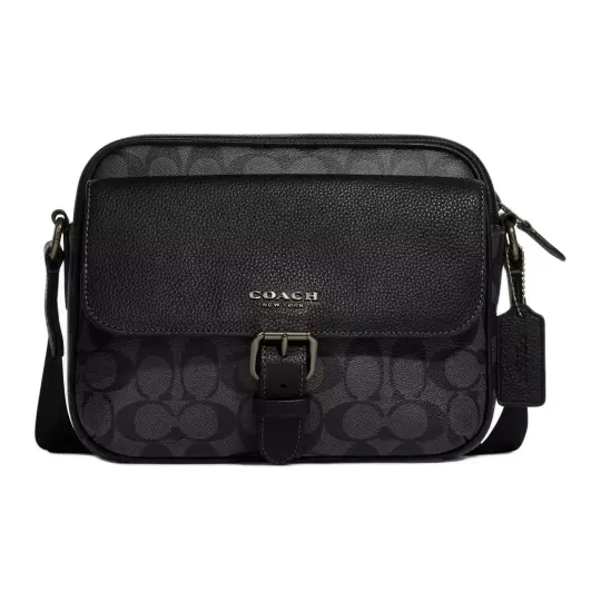 COACH Hudson Coated Canvas With Natural Pebbled Leather Crossbody Bags Medium Men's Black